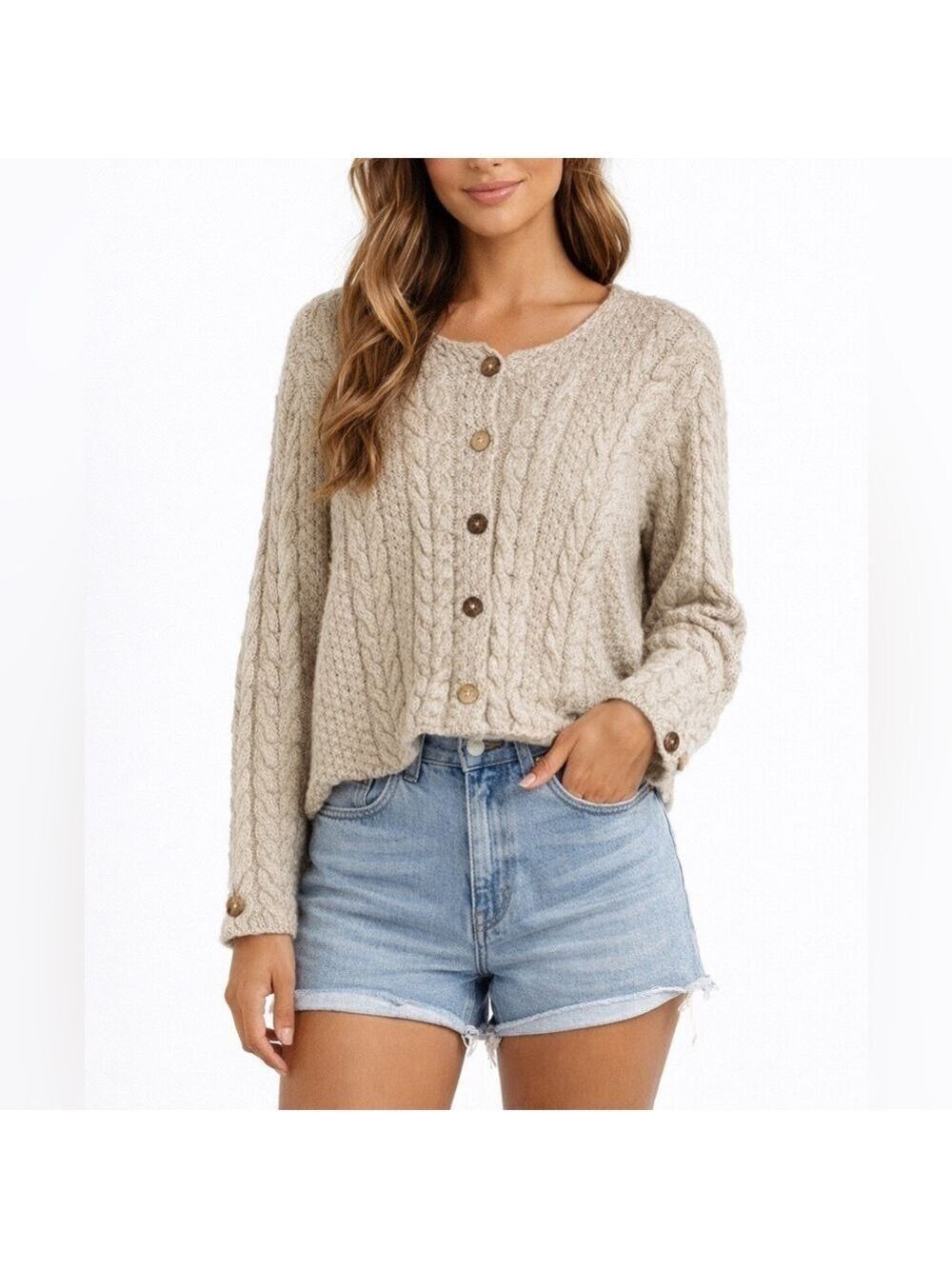 VTG Beige Irish Merino Wool Cable Knit Button Front Chunky Cardigan size medium